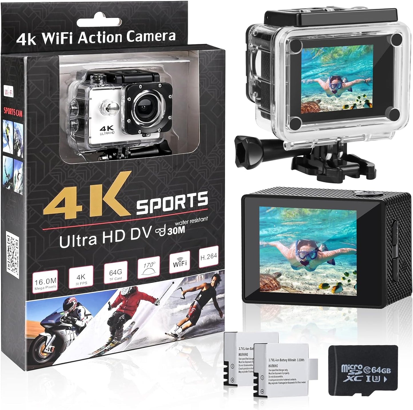 Camara Deportiva 4K + Accesorios y Soportes De Regalo