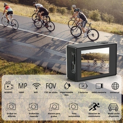 Camara Deportiva 4K + Accesorios y Soportes De Regalo
